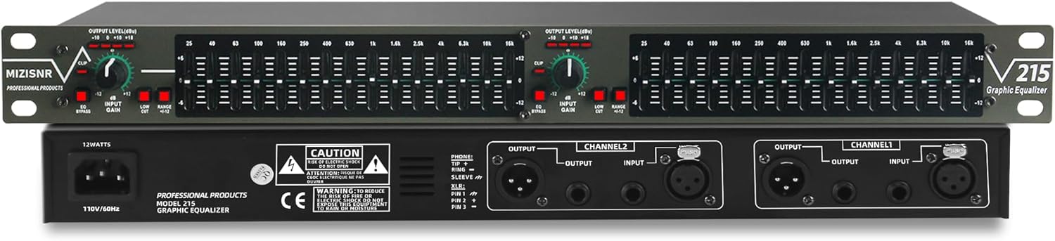 Graphic Equalizer 15-Band Stereo EQ for Home Audio, Dual Channel Professional DJ Equalizer, Noise Reduction 1U Rack Mount (EQ-215)