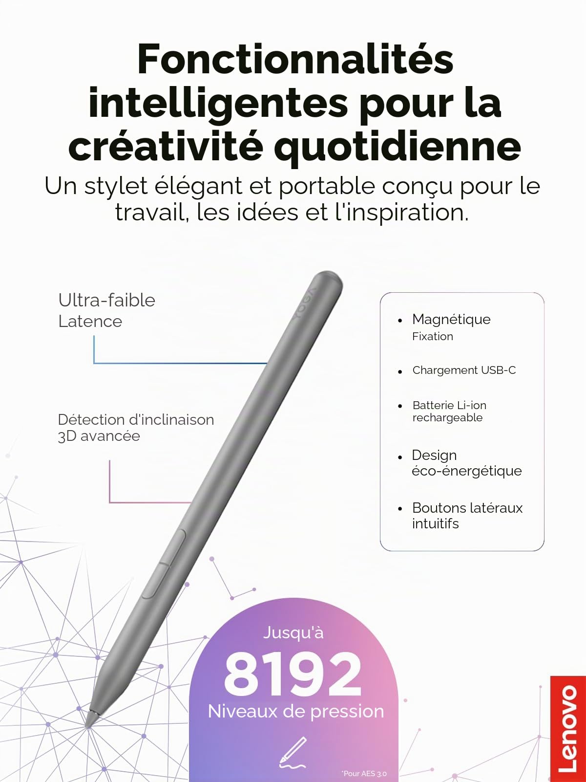 Lenovo Yoga Pen 2 avec étui magnétique, Stylet AES 3.0 avec 8192 Niveaux de Pression, Rechargeable par USB C, détection d'inclinaison, Support Multi-protocole pour Lenovo Yoga 2 en 1, Gris Luna