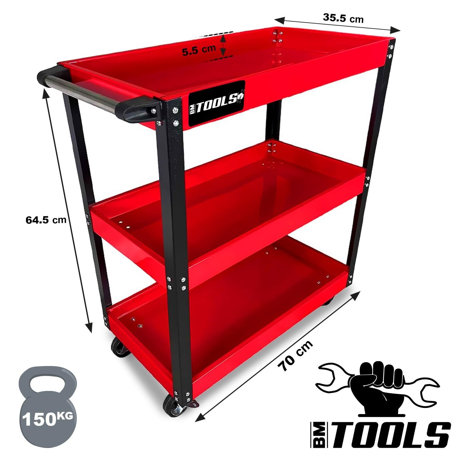 Chariot d'atelier BM TOOLS TOOLCART à 3 étages sur roulettes - Desserte, Plateaux de Rangement pour Outils, Servante, 150KG Max