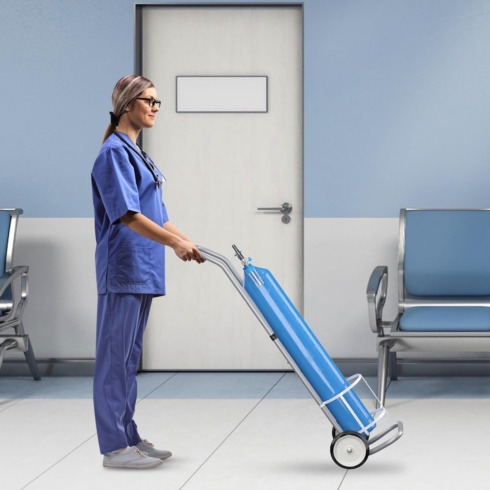 Carrito de soporte para tanque de oxígeno, carrito cilíndrico ajustable con 2 ruedas, estante de aluminio ligero para uso en laboratorio, fábrica y clínica