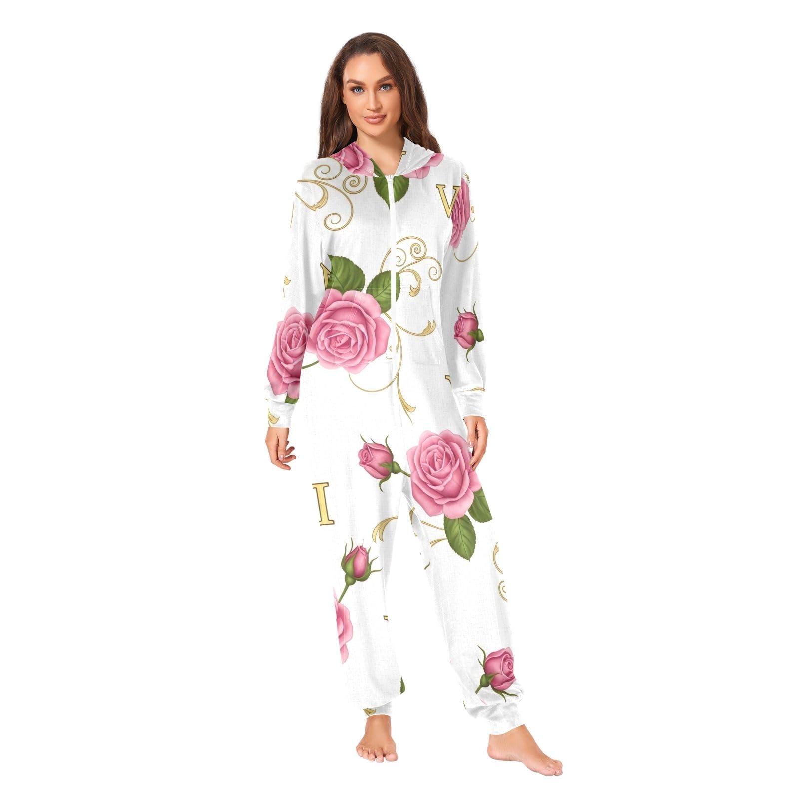 Tuta intera da adulto con rose rosa vintage, tuta intera con cappuccio in pile con cerniera, pigiama super morbido e caldo con tasca