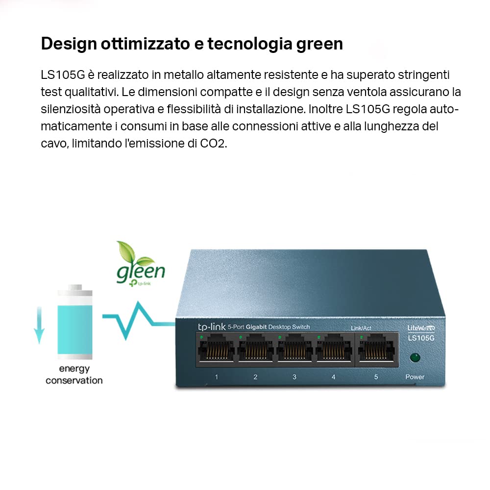 TP-Link Ls105G Switch Ethernet 5 Porte Gigabit, Sdoppiatore Ethernet, Struttura In Metallo, 802.1P/Dscp Qos, Funzionamento Silenzioso, Montaggio Desktop, Blu, ‎9.98 x 9.8 x 2.5 cm; 190 grammi