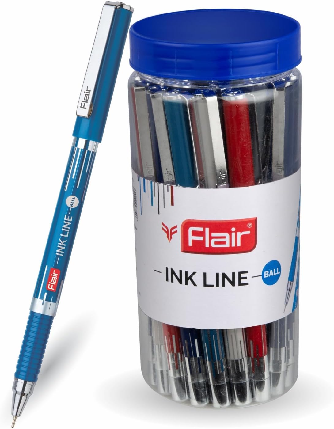 FLAIR Inkline Ball Pen Jar Pack | Lightweight & Attractive Body Colors | Smooth and Bold Writing Experience | Durable, Refillable Pen | Blue Ink, 25 Pcs Jar