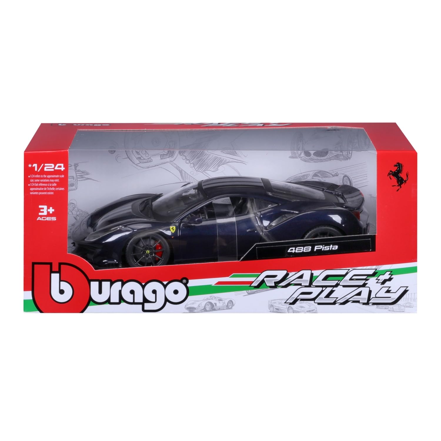 Bburago Ferrari 488 Pista (2018) : modèle de Voiture à l'échelle 1:24, Ferrari Race & Play Series, Portes Mobiles, Bleu (18-26026B)