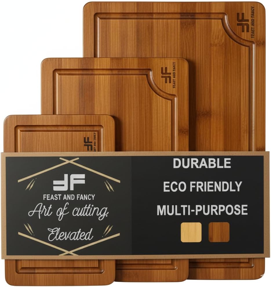 Bamboo Cutting Board for Kitchen, set of 3, Wooden Chopping Board Set with Deep Juice Grooves & Built-In Handles, Knife-Safe Wooden Chopping Boards for Meats, Veggies & Fruits