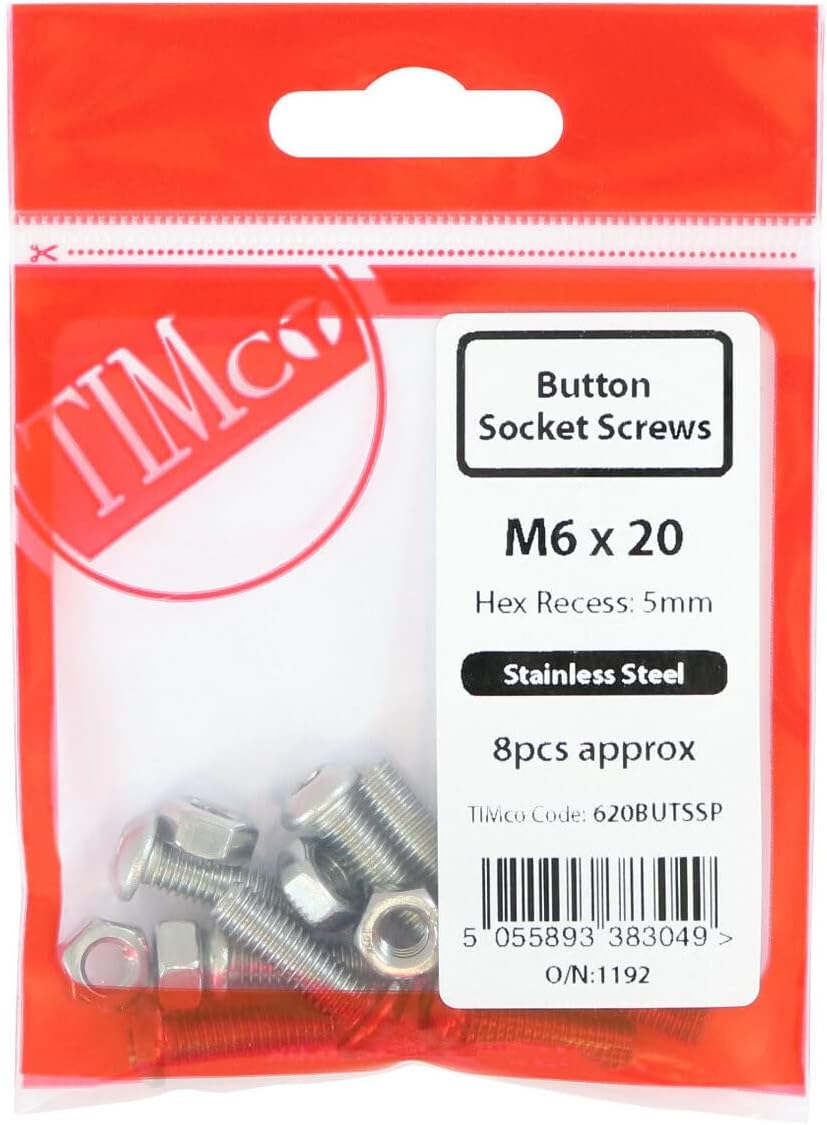 TIMco Socket Screws and Hex Nuts M6 x 20 - Button Head - Stainless Steel - (Bag 8) - 620BUTSSP