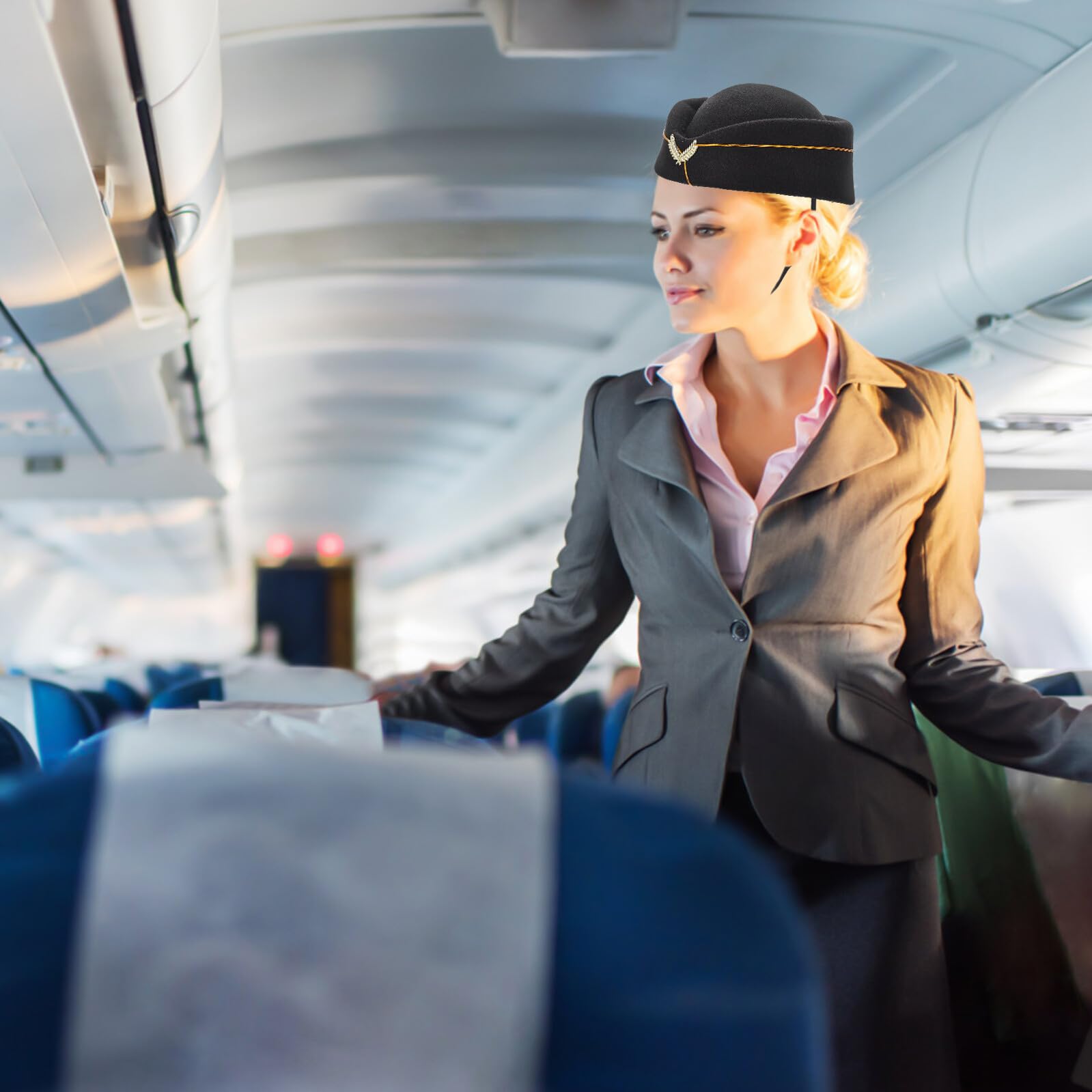 Kapelusz Stewardessy Ozdobny Kapelusz Cosplay Uniformowy Do Przebrania Idealny Imprezy Tematyczne i Halloween Czarne Akcesorium Stewardess