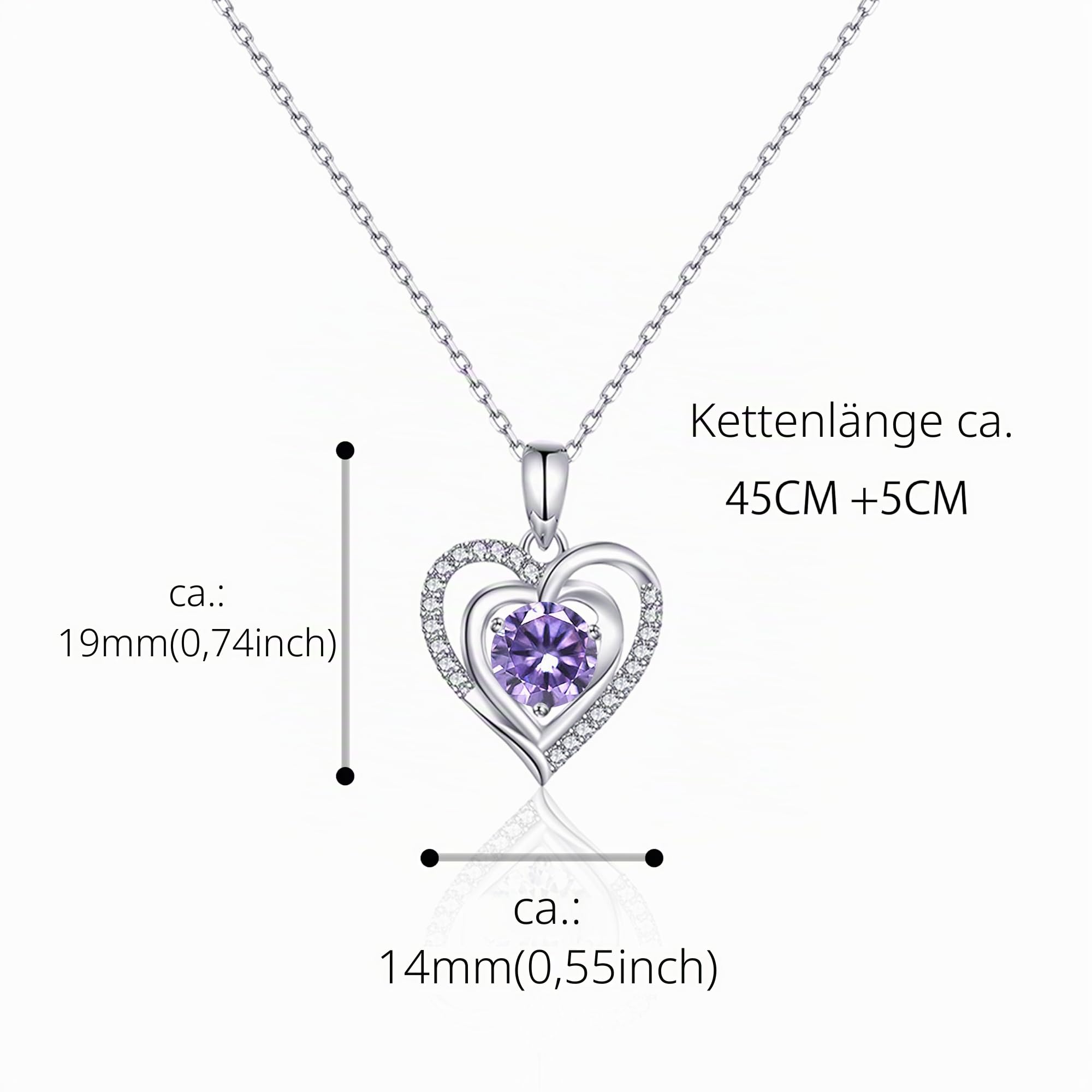 immobird Halskette Damen Geburtsstein Kette 925 Sterling Silber Herz Anhänger Halskette für Frauen Klassisch Schmuck Geschenk für Damen Freundin