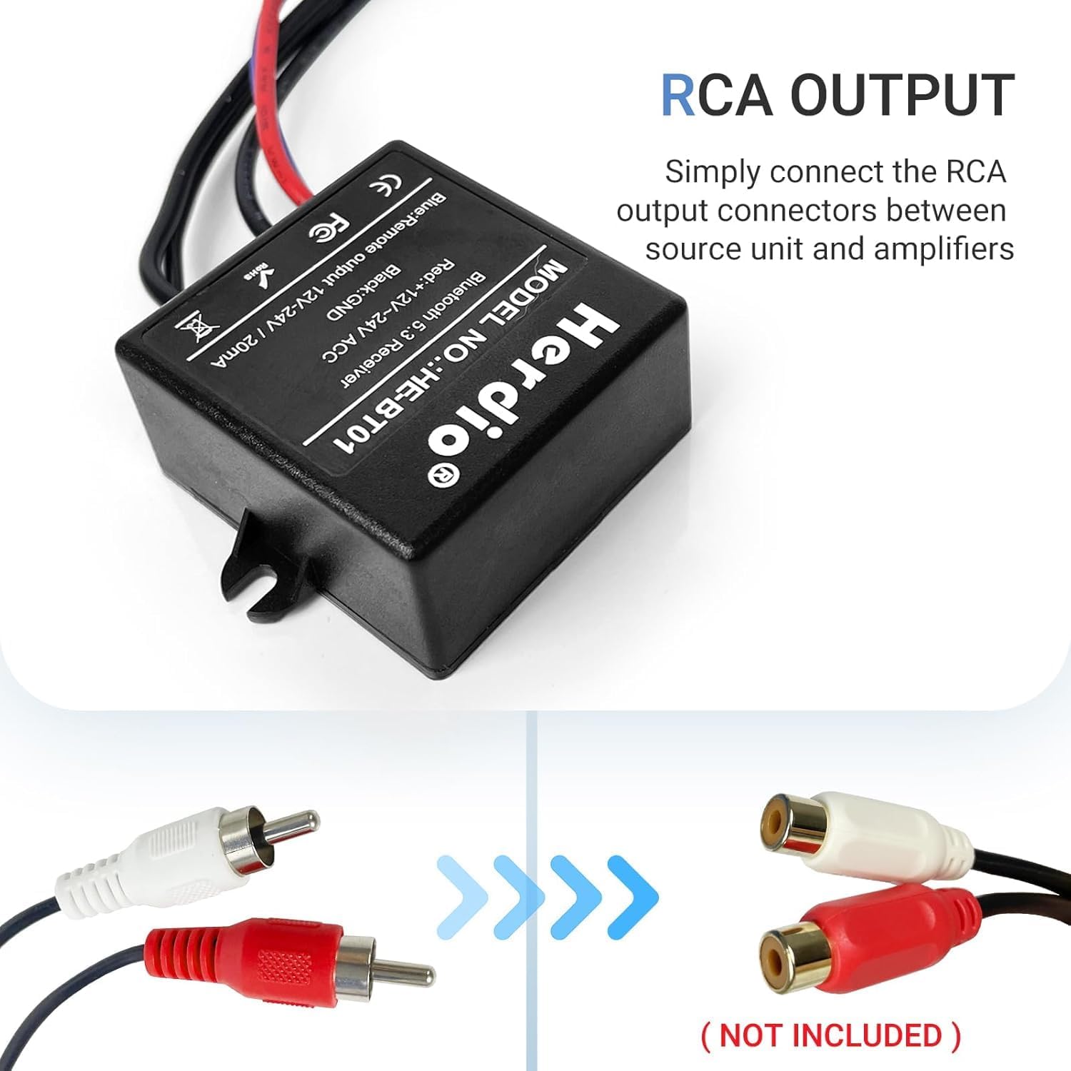 Close-up of Herdio Bluetooth Receiver showing RCA output connections