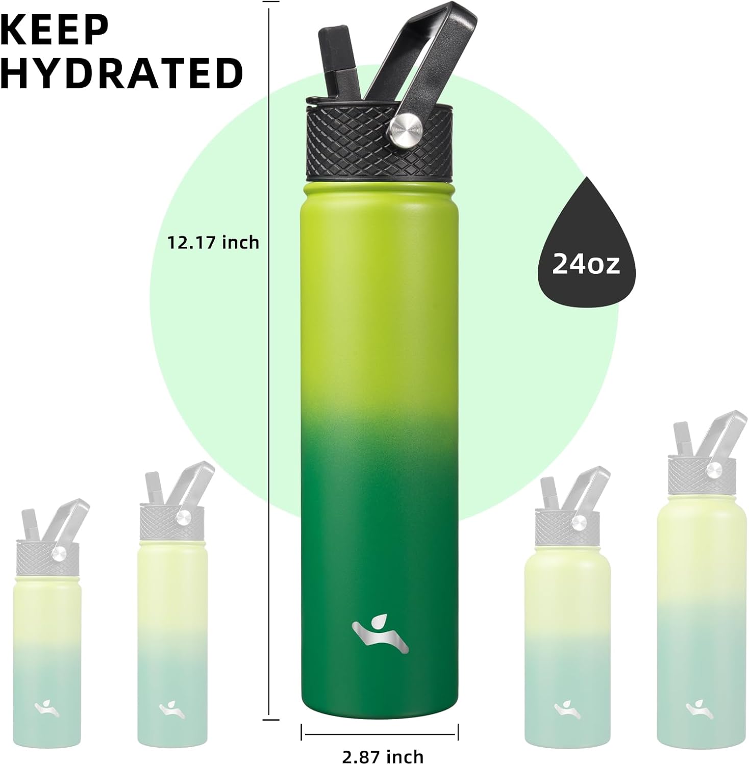 Insulated Water Bottle 24oz Stainless Steel Sport Bottles with 3 Lids,Bamboo Grove - Image 5