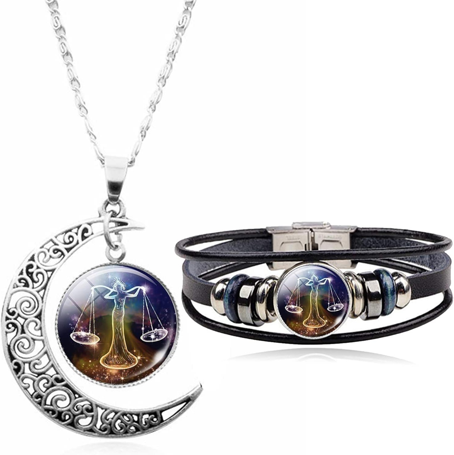 Dcfywl731 Zodiac Necklace Bracelet Set for Women 12 Constellation Pendant Necklace Bracelet for Teen Girls Moon Constellation Necklace Multi Layer Wrap Bracelet Men Gifts for Christmas, Metal, other