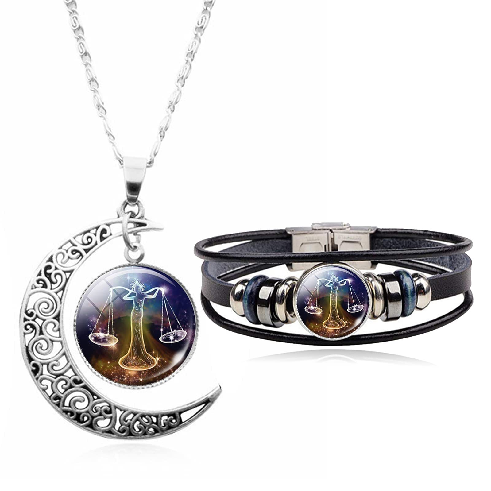 Dcfywl731 Zodiac Necklace Bracelet Set for Women 12 Constellation Pendant Necklace Bracelet for Teen Girls Moon Constellation Necklace Multi Layer Wrap Bracelet Men Gifts for Christmas, Metal, other