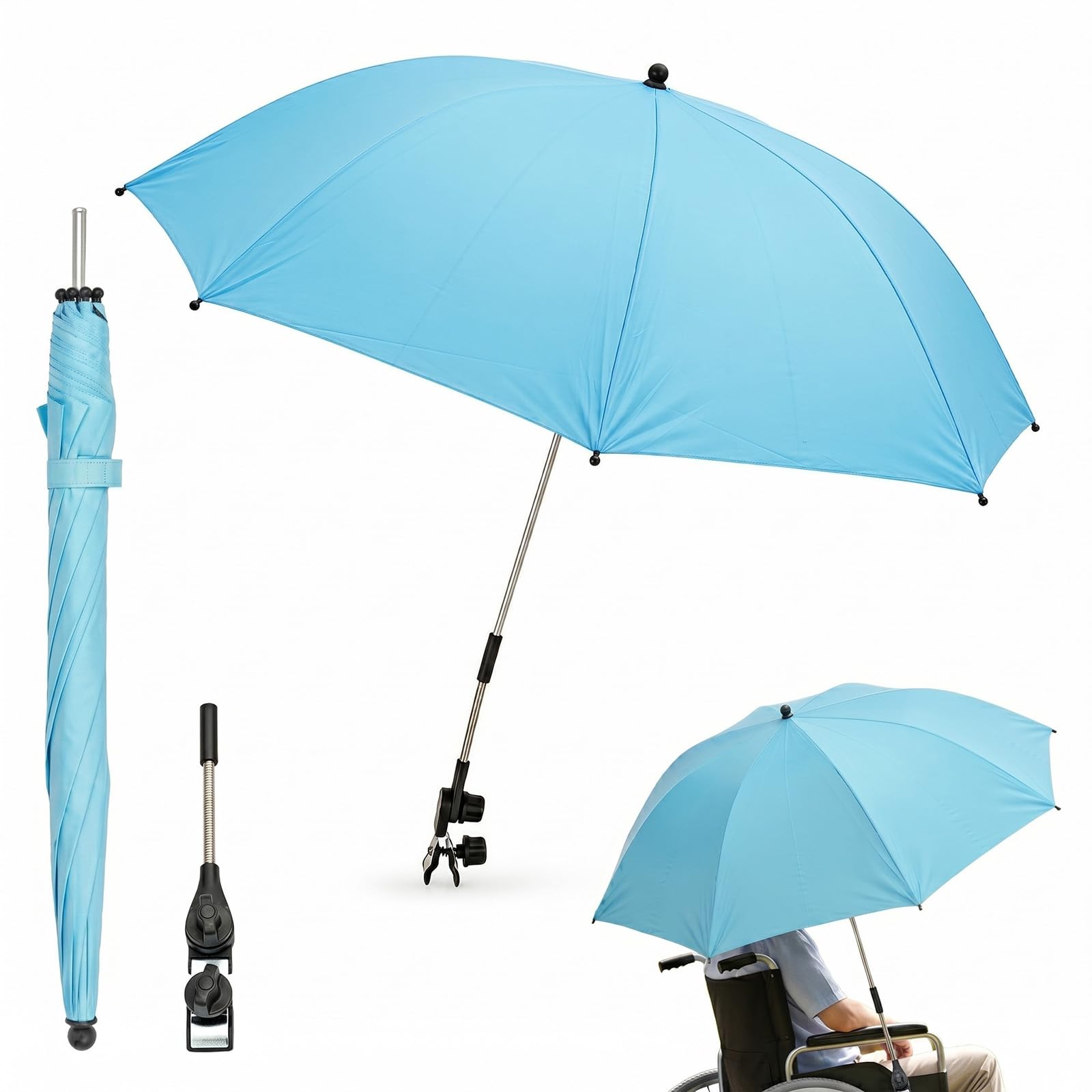SUNNYNEST Beach Chair Umbrella with Clamp, 102cm Diameter 360° Adjustable Portable Parasol, UPF50+ Waterproof Sun Shade for Beach Chair, Stroller, Wheelchair, Golf Cart & Camping (Sky Blue)