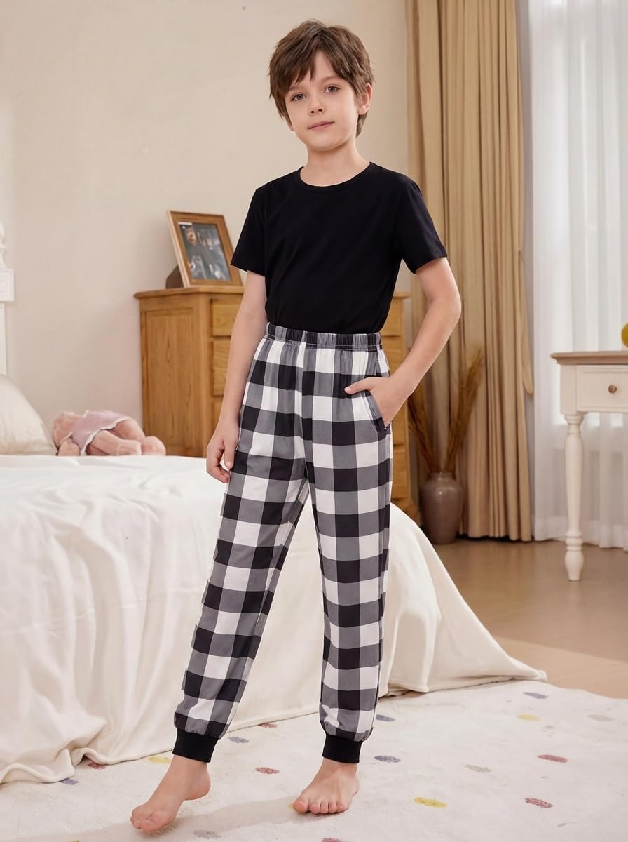 Ekouaer Boys Jogger Pajama Pants Long Plaid Pj Pants Elastic Waistband Lounge Pants with Pockets - Image 2