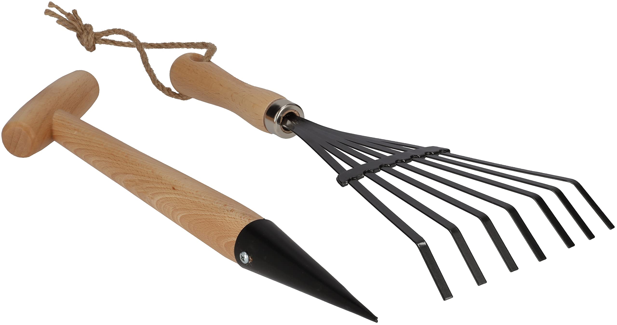 KOTARBAU® Set di 5 Piccoli Attrezzi da Giardinaggio Rastrello Forchetta Cazzuola e Guanti con Manico in Legno Universale per Giardino Accessori da Giardino Strumenti Utensili da Giardinaggio