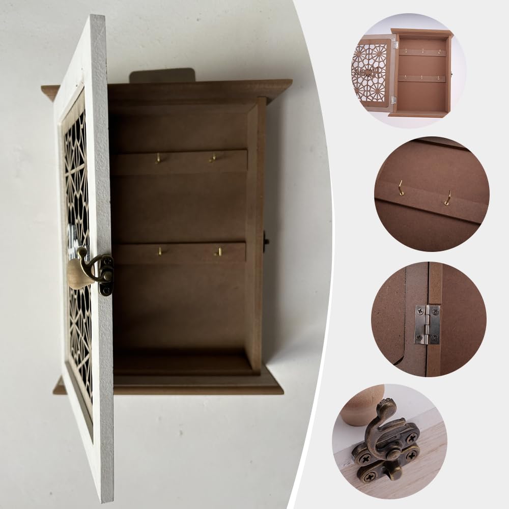 Schlüsselkasten mit 6 Schlüsselhaken, Wandmontierbarer Holz Schlüsselhalter für Schmuck und Kleine Gegenstände