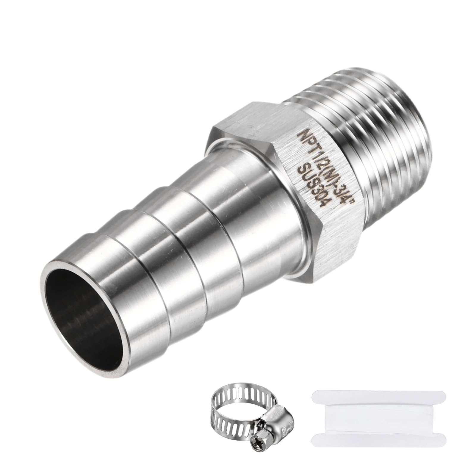 M METERXITY 1-Pack Garden Hose Adapter, 304 Stainless Steel 3/4" Barb x 1/2" NPT Male Threaded Connector with Sealing Tape & Clamp Garden Hose Convert Fitting for Pipe