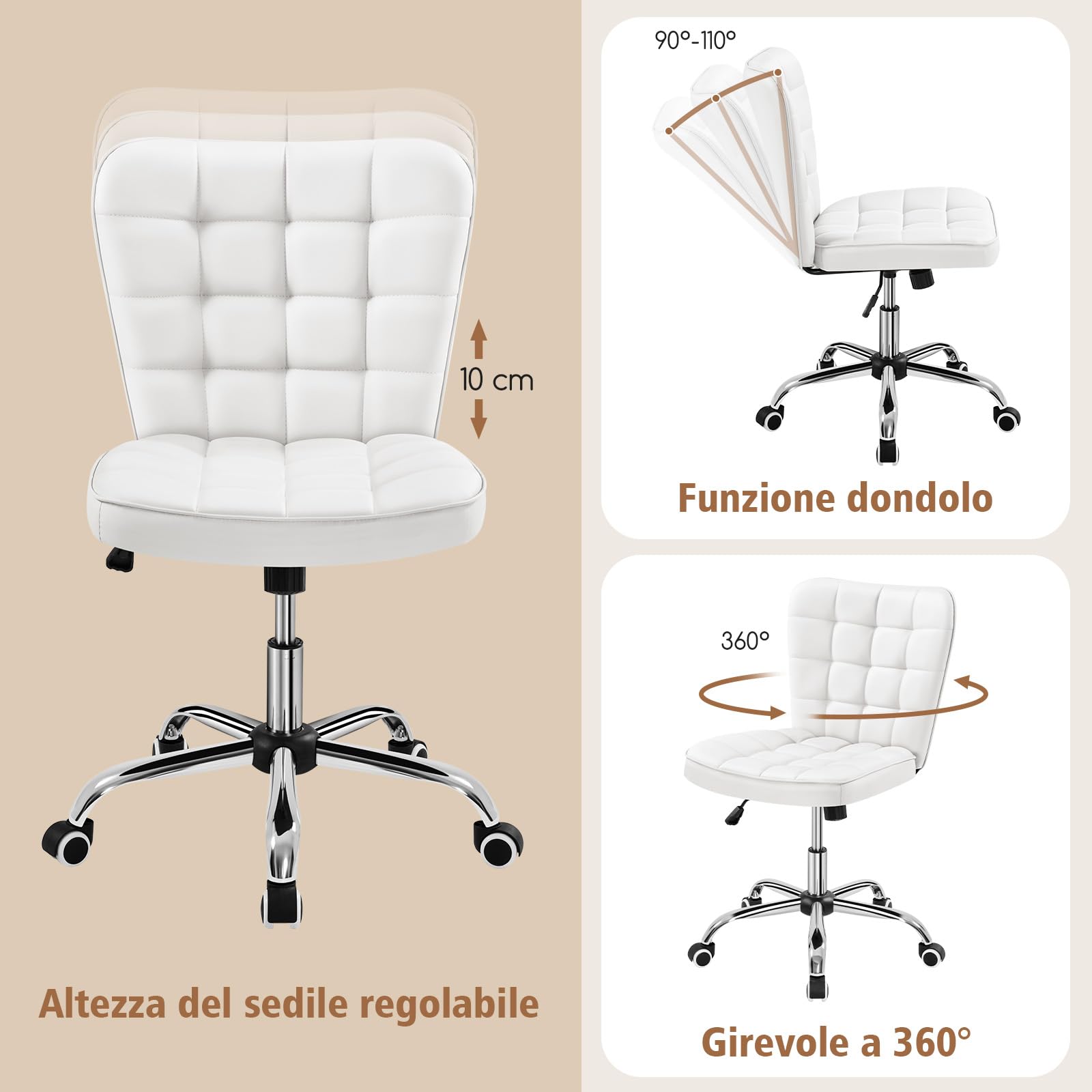 Yaheetech Sedia Ufficio Srivania Senza Braccioli Ergonomica in Ecopelle Bianca Imbottita a Rotelle Girevole Altezza Regolabile Fonzione Dondolo Portata 136 KG