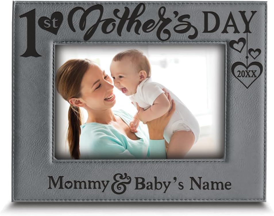 BELLA BUSTA-Perzonalize First Mothers Day Picture Frme-Mommy and Me-Keepsake for Mom- Engraved Leather Picture Frame (5x7 Horizontal)