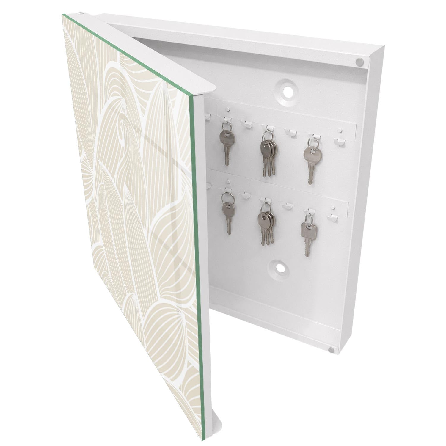 Armadietto Portachiavi 30x30 cm | Bianco | A Sinistra | Montaggio a Parete | Modello organico | in Metallo | Tasselli e Viti Inclusi | per Uffici | Frontale Decorativo in Vetro Temperato