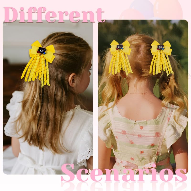 Back to School Hair Clips for Women Girl ABC Yellow Baby Girls Hair Accessories Curly Korker Bow Hair Clips Toddler First Day of School Gifts for Preschool Kindergarten Hair Bows Barrettes 2pcs image 5