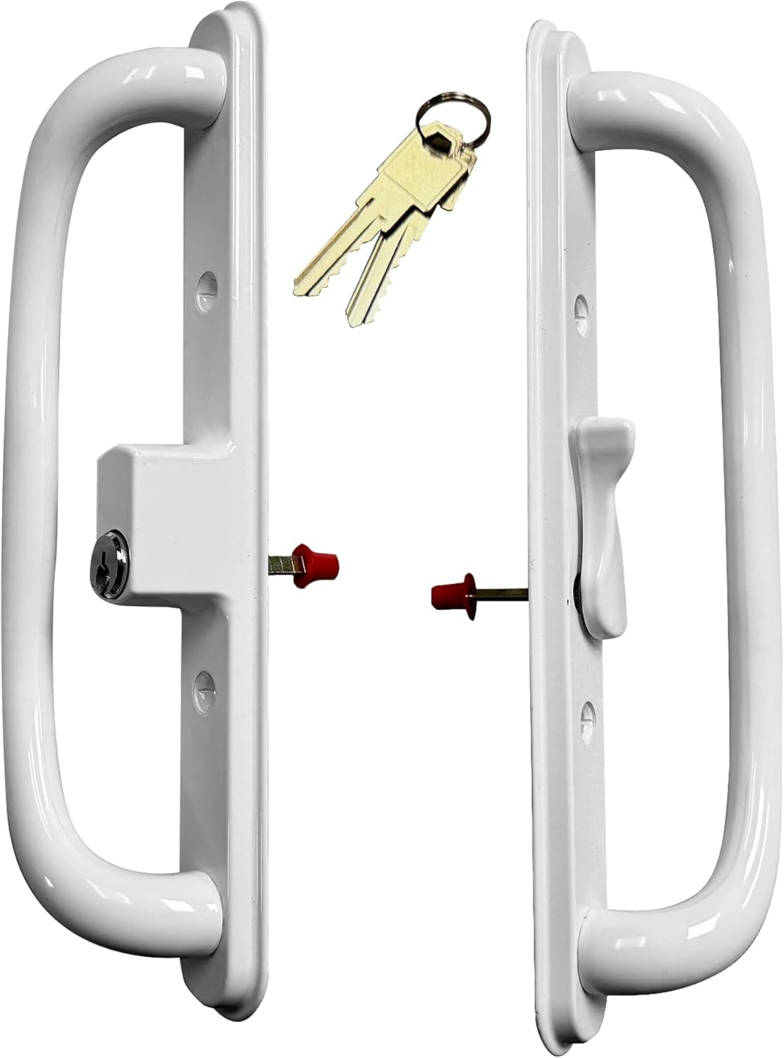 オリンパススライドパティオガラスドア10インチ ホワイトオフセットプルハンドルセット キー付き交換用 穴間隔3 1/4インチから2-