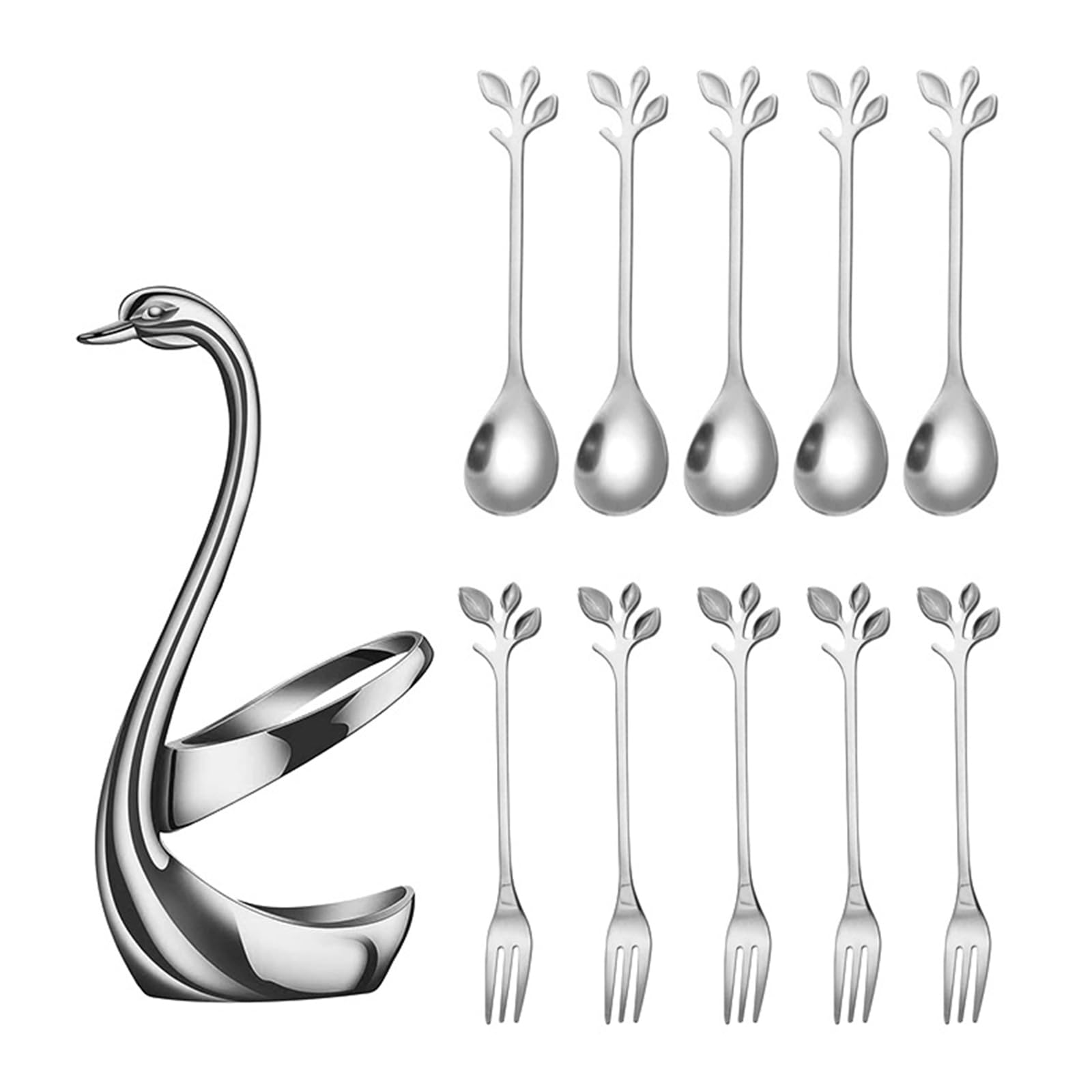 HZBB Of 1 Stainless Steel Dessert Spoon Fruit Fork Pack Artistic Cygnet Holder Stand Kitchen Cutlery for Table Decors Kitchen Utensils