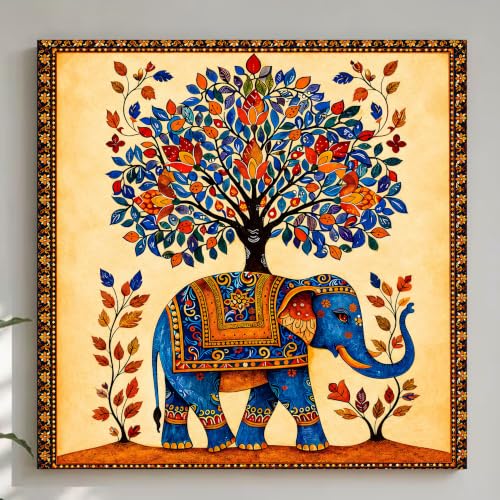 Image of Madhubani Elephant Stretched Canvas Painting for Living Room Wall Decor, Tree of Life Indian Traditional Vastu Stretched Canvas Wall Art for Vastu Place Bedroom Home Hallways Office Hotel, Size 22x22 Inch