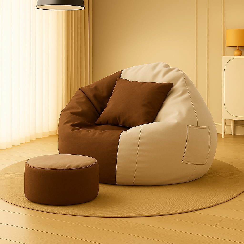 OHSTORE 4XL Bean Bag Cover Set in Faux Leather with Footrest & Cushion – No Filling, Ideal for Home, Office & Gaming Lounge, Cream & Brown (Only Cover)-image-19