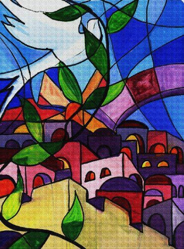 Art Needlepoint Dove Over Jerusalem Needlepoint Canvas by Jeanette Kuvin-Oren