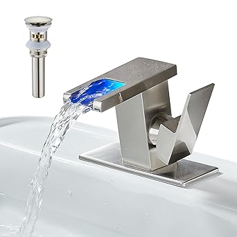 Kyatinsal LED Bathroom Sink Faucet - Brushed Nickel Single Hole or 4 Inch Centerset Waterfall Faucet Hydropower LED Lights with Pop up drain and supply hoses Assembly