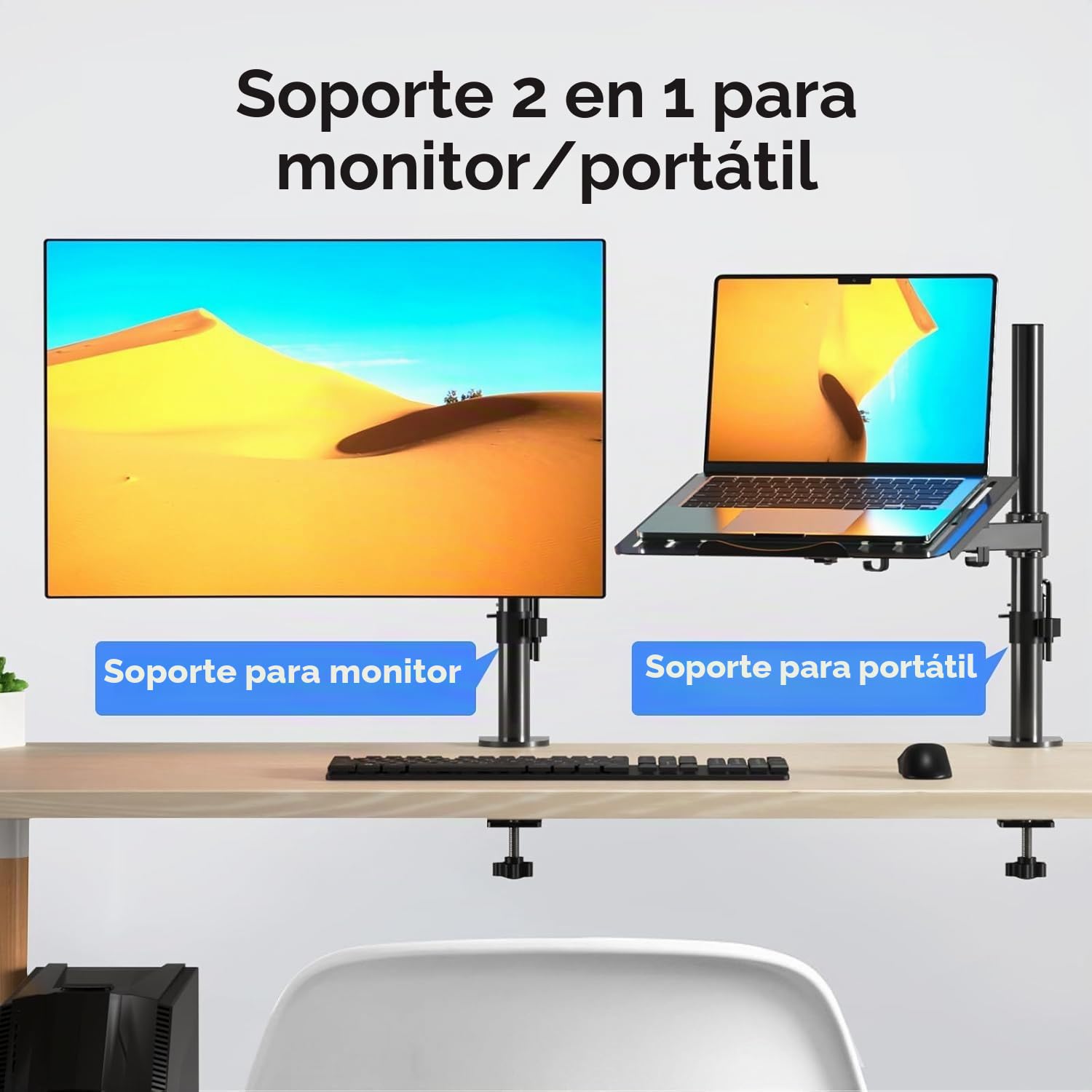 suptek Soporte 2 en 1 de Monitor y Portátil: Brazo Articulado para Pantallas 13-27" y Laptop hasta 15.6", Bandeja Ventilada, Carga 10kg, Altura Ajustable y Giro 360° (MD6421TP004)