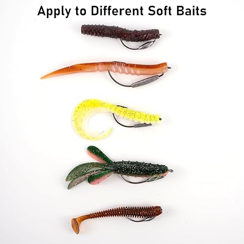 Miniatura 5 de Dr.Fish Paquete de 15 anzuelos con peso para pesca de lubina, ganchos de gusano con peso para señuelos de plástico suave, ganchos extra anchos para