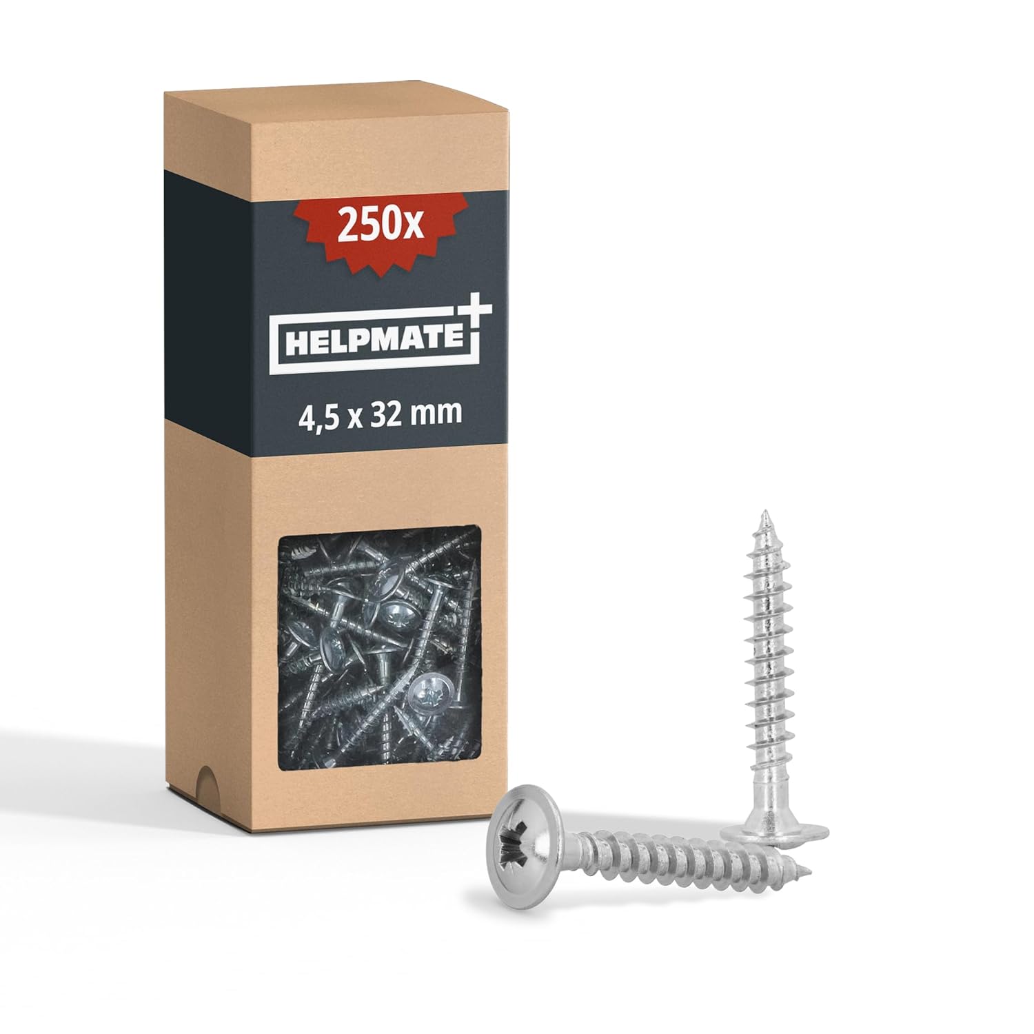 HELPMATE - Wood Connector Screws Flat Head 4.5 x 50 Galvanised - Pack of 250 Wood Screws with PZ2 Drive and Cutting Notch - for Attaching Metal Fittings to Wood
