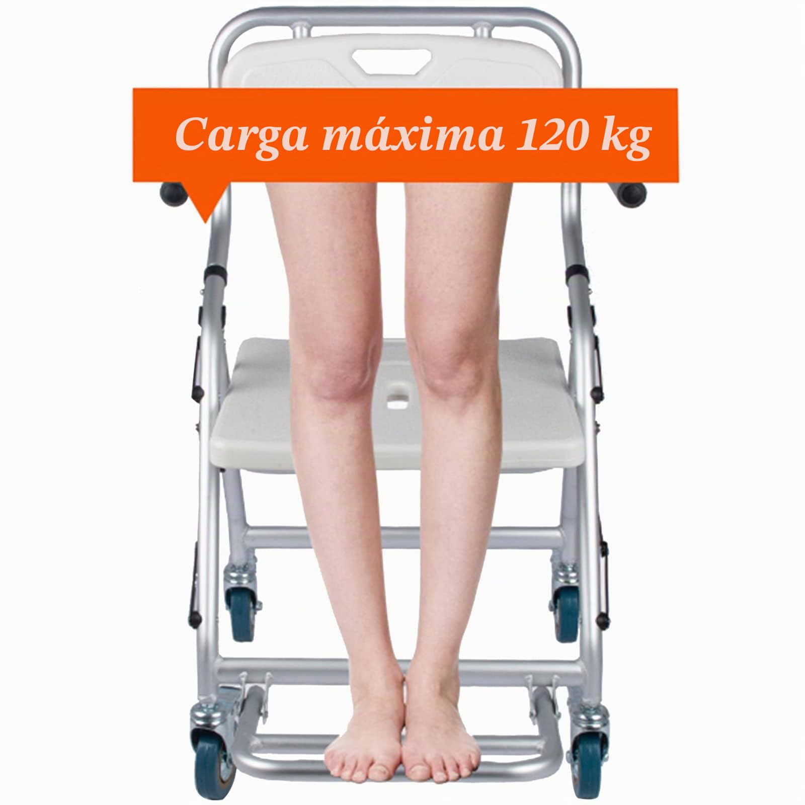 Taburete de Ducha Plegable Silla de Ducha con Ruedas para Personas Mayores y Discapacitados, Taburete Ducha Antideslizante con Freno y Respaldo, Silla de Inodoro - Carga 120kg