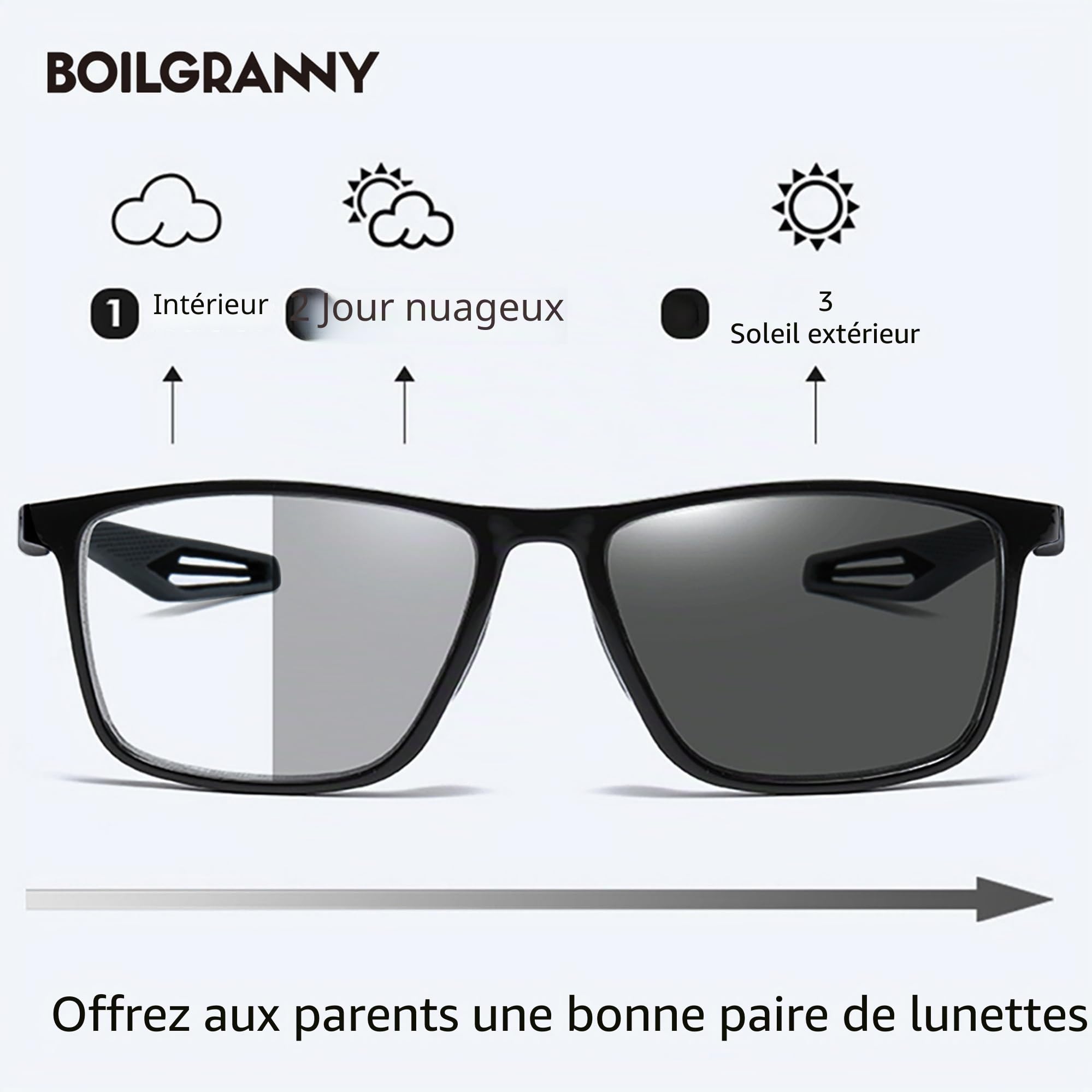 Lunettes M4 (-) si la vision de loin est réduite. Verres CR39 antireflets photochromiques (obscurcissement moyen nécessite une exposition directe au soleil en plein air). Anti-lumière bleue