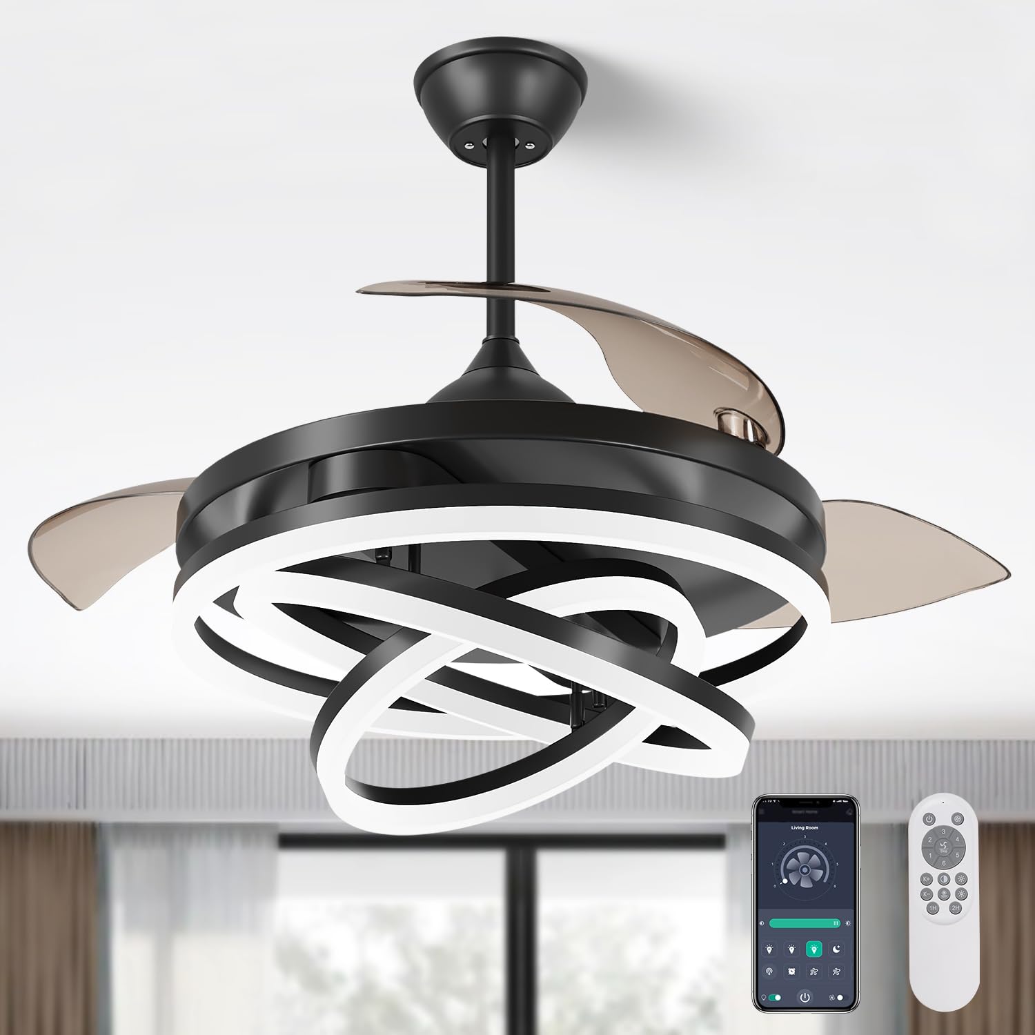 42 Inch Retractable Ceiling Fan, Chandelier Ceiling Fans with Lights, Silent DC Motor, 6 Speeds, 3 Color Changing for Bedroom Living Room (Black)