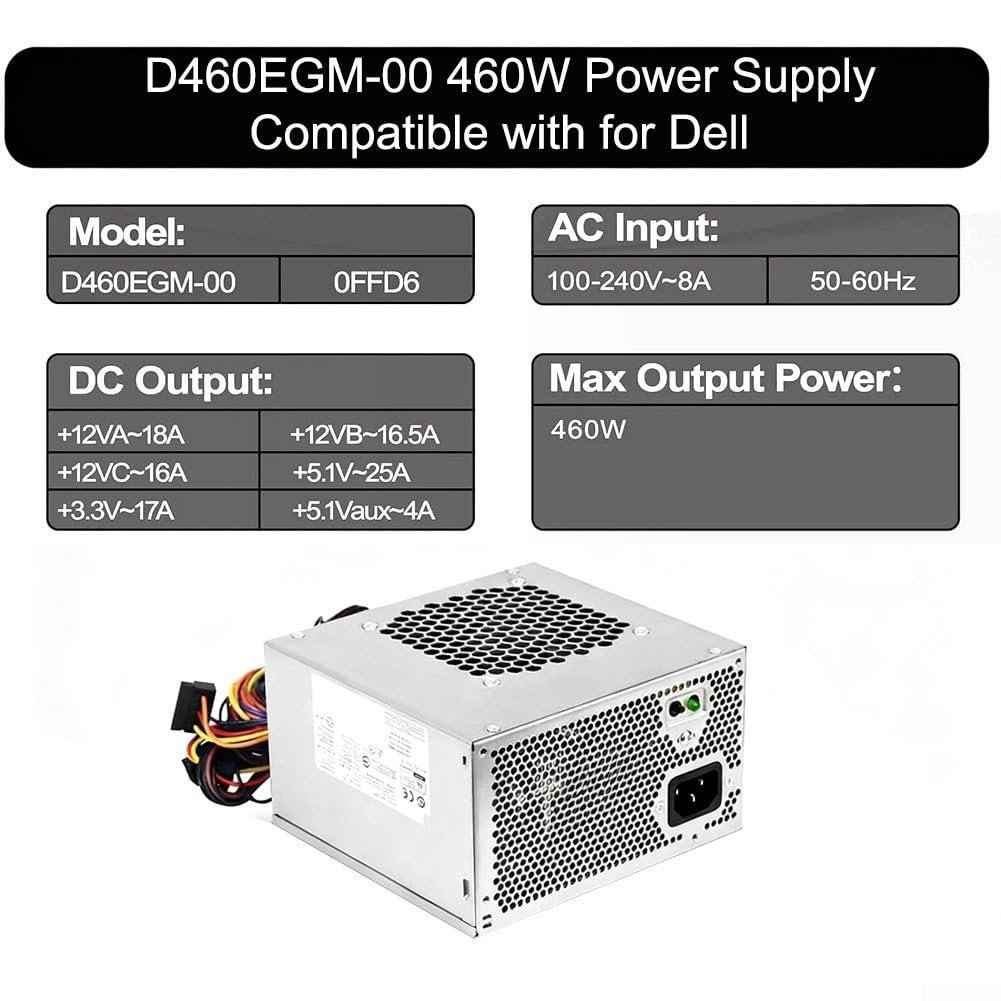 460w Bloc d'alimentation D460egm-00 pour Dell Precision 3630 5680 3640 3650 T3630 T3640 T3650 Pour Alienware Pour Aurora R5 R6 R7 Boîtier en métal argenté avec mécanismes de protection Refroidissement