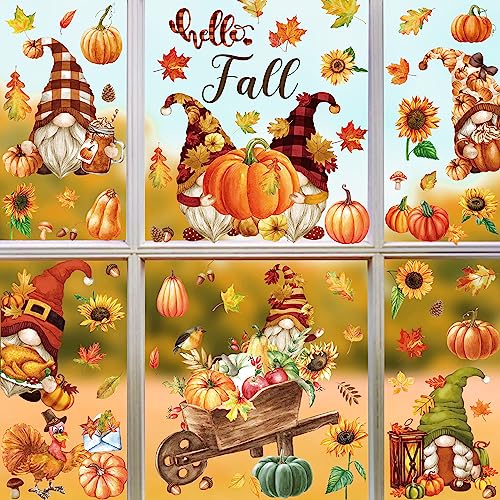 Quera 9Pcs Fall Gnomes Window Decals Clings Autumn Watercolor Thanksgiving Window Stickers Fall Leaves Sunflowers Pumpkin PVC Window Decorations for Fall Harvest Party Supplies Home Office Window Glass Mirror Decor 7.9 x 11.8