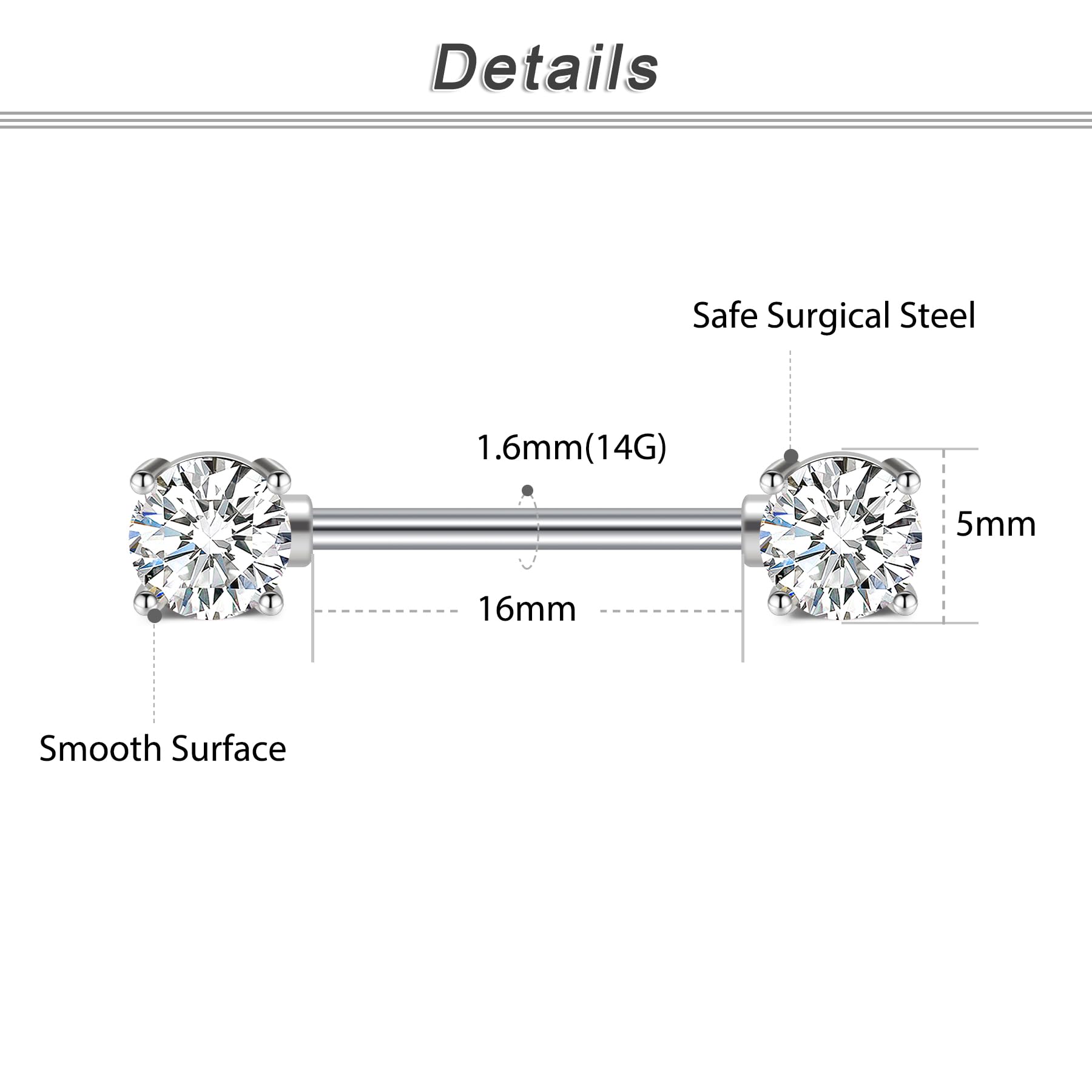 Crdifu 14 G piercing do brodawek piersiowych, zestaw kolczyków do sutków, 16 mm, stal chirurgiczna, srebro