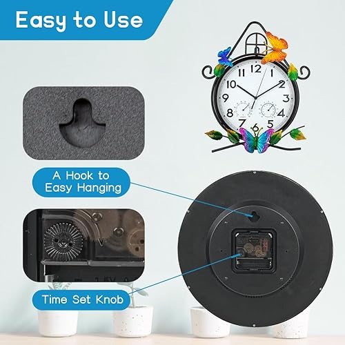Miniatura 7 de HOBYLUBY Reloj de pared grande de 15 pulgadas, reloj de pared con termómetro y humedad, silencioso, sin tictac, impermeable, para patio, sala de