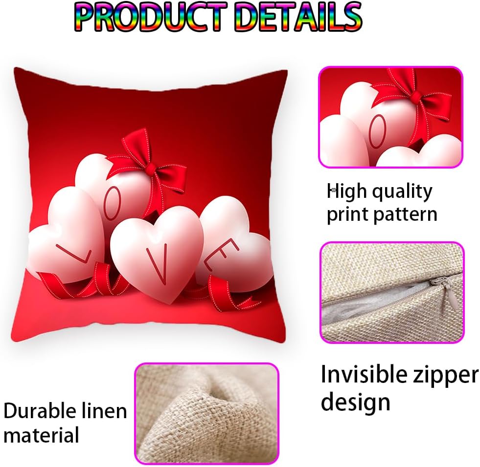 Valentines Pillow Covers 18 x 18 inch Set of 2 Double - Sided HD Love Heart Shape Valentine's Day Red Roses Pillow Covers for Sofa Couch Bed Home Outdoor Decorations - Image 8