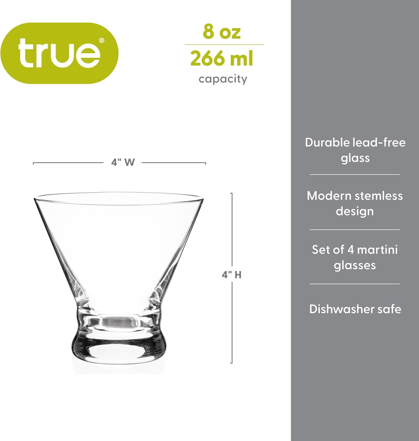True Stemless Martini Glasses, Set of 4, 8 oz Modern Cocktail Glasses for Martinis, Manhattans, Cosmopolitans, Cocktail Glass Set, Dishwasher Safe, 8 oz, Set of 4