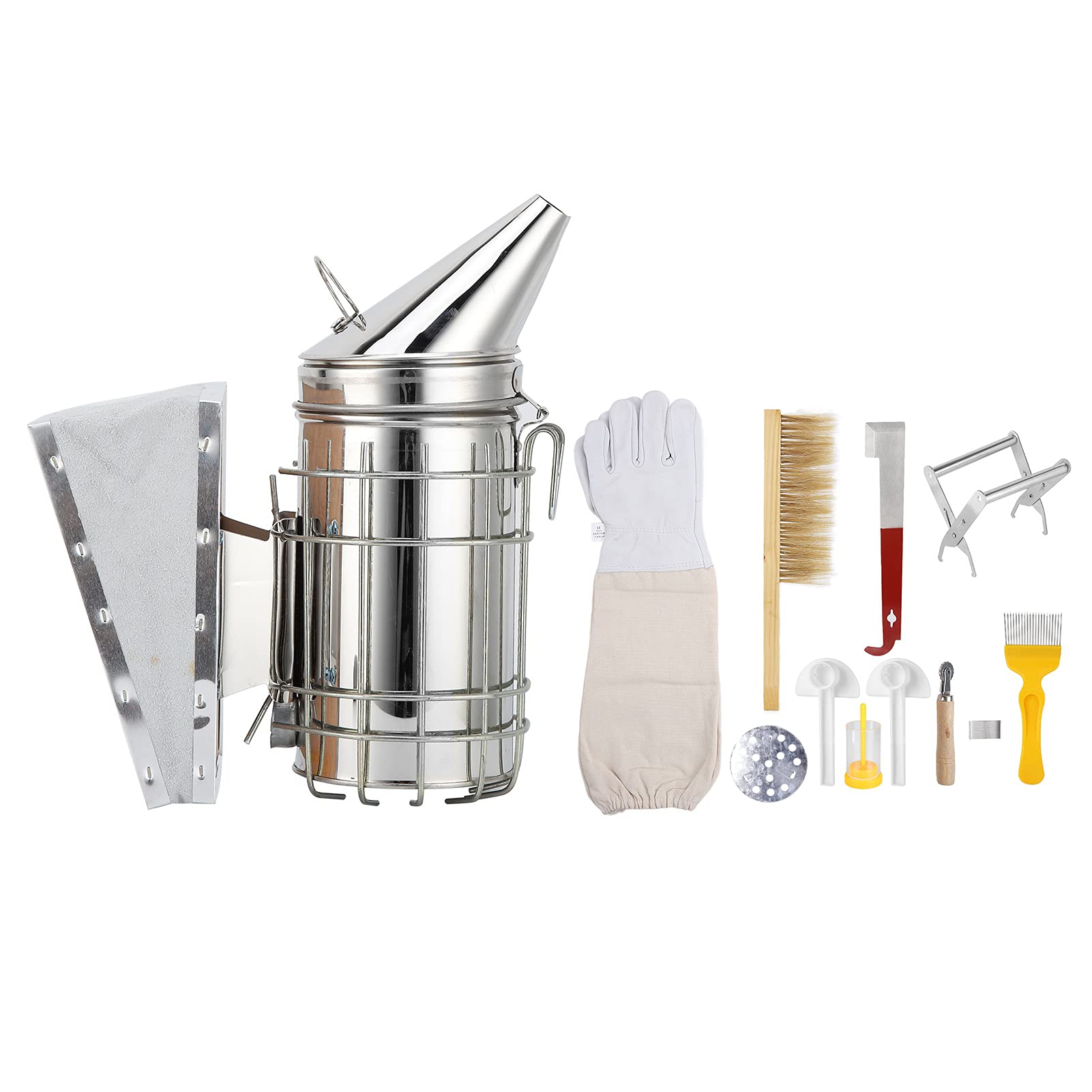 Bienenzucht-Zubehör-Set, Edelstahl-Bienenraucher Mit Hitzeschild, Handschuhen, Bürste, Drahteinbettung, Entdeckelungswerkzeug, Rahmenclip, Bienenstockwerkzeug. Perfekt Für Imker Aller Stufen