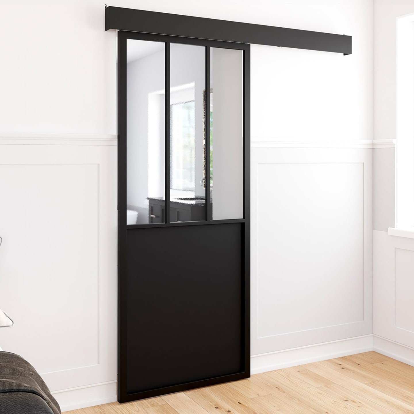 IDMarket - Kit Porte coulissante verrière 83 cm en métal + MDF avec Rail et Fixations