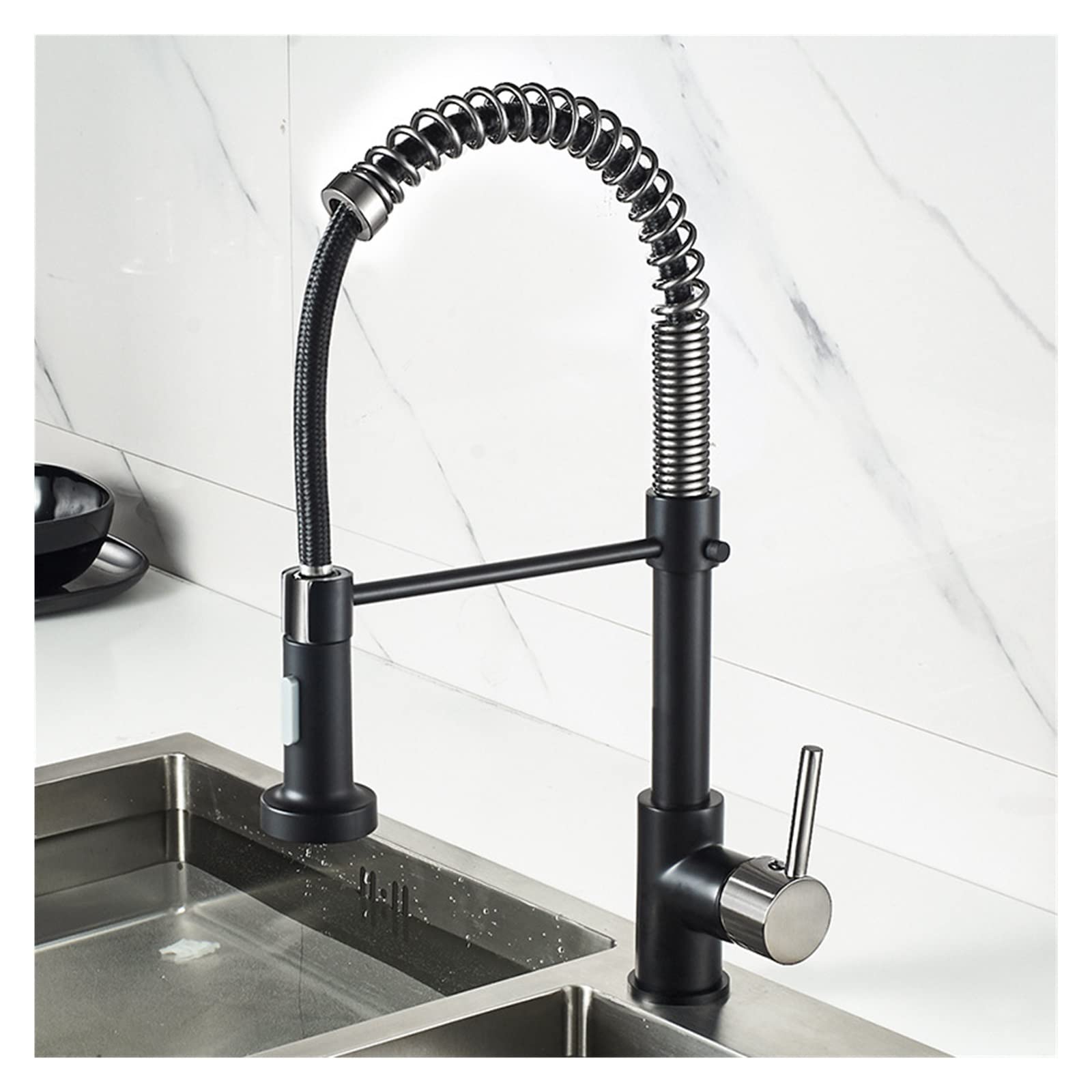 Robinet de cuisine mitigeur noir mat et argent pour évier avec jet rotatif 360