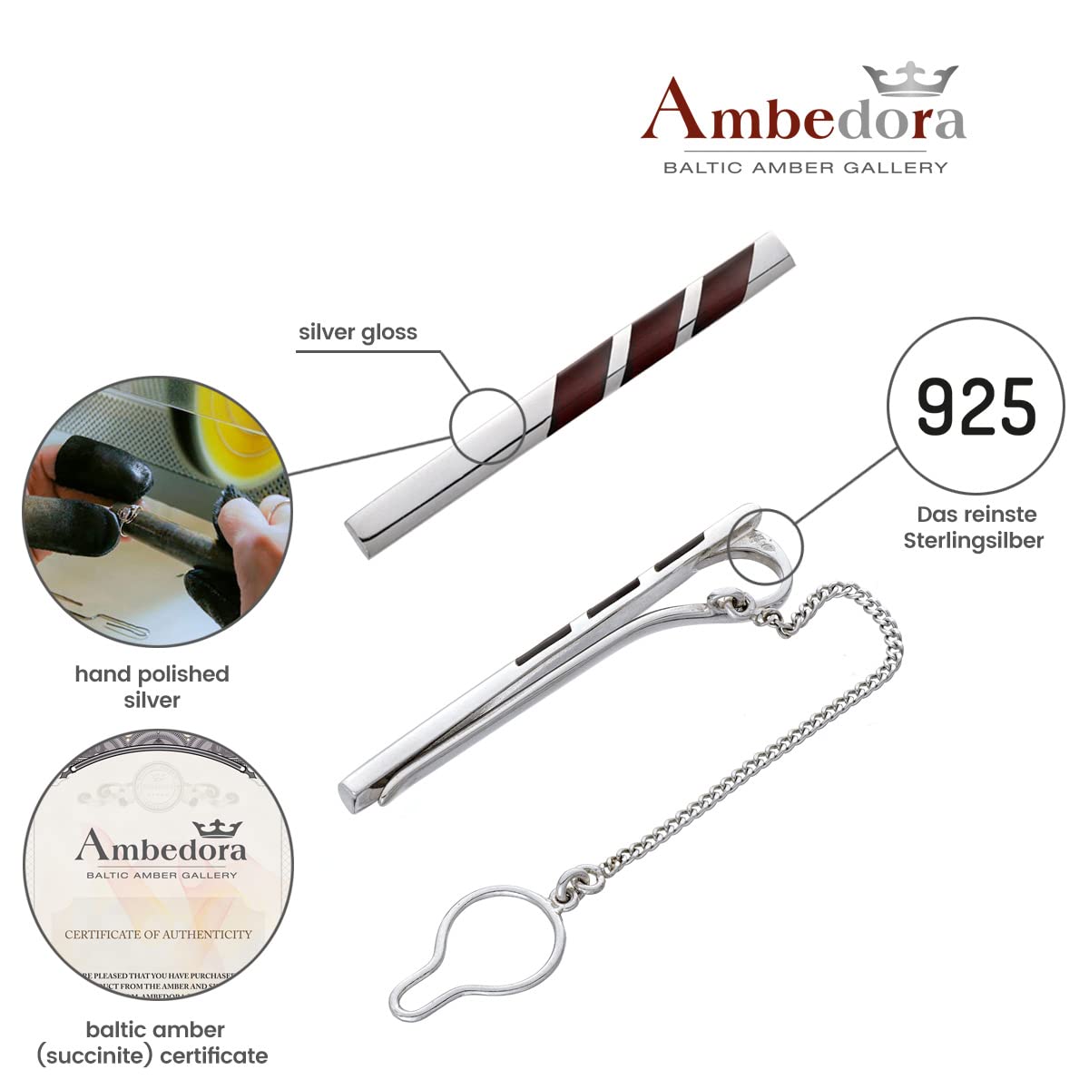 Alfiler de corbata para hombre de plata con ámbar, estilo moderno, ámbar natural, color cereza, regalo para hombres
