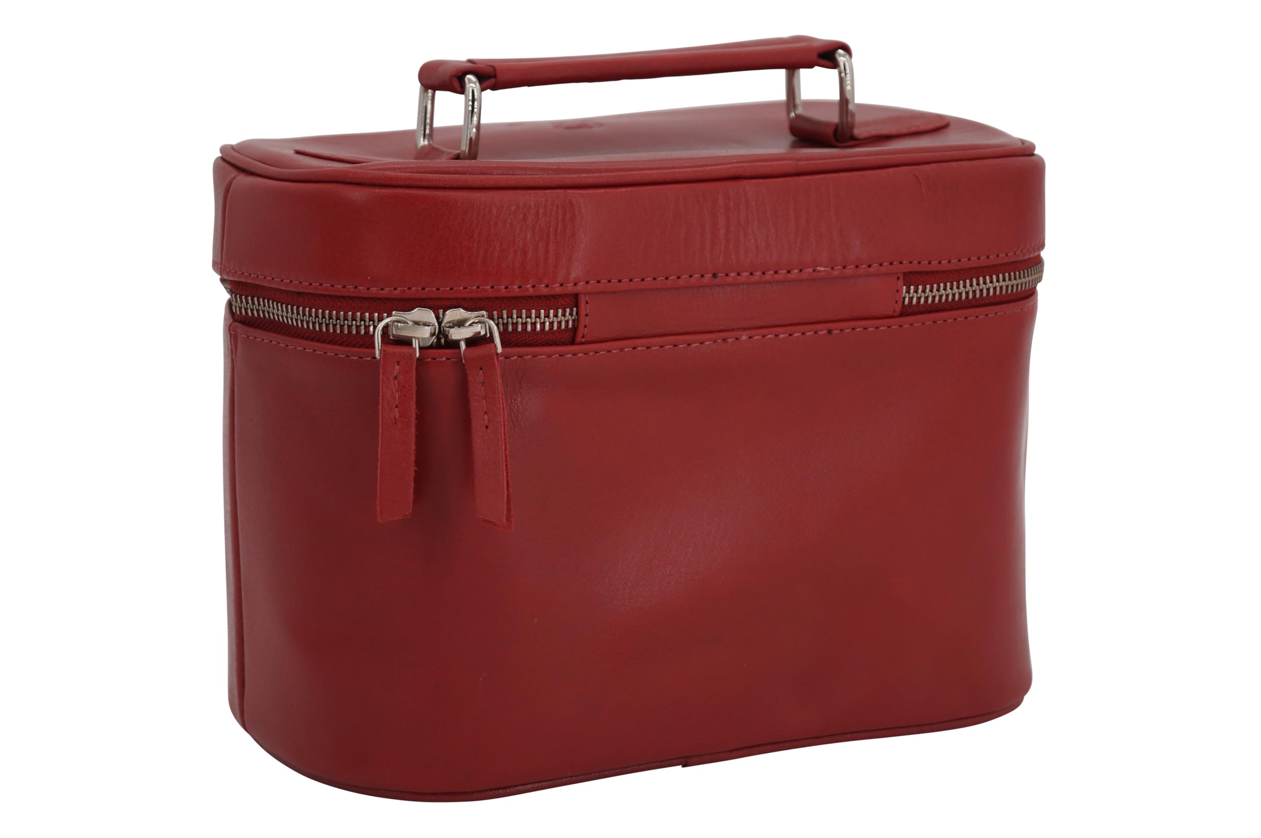 GERMANUS Handgemachte Kosmetiktasche Leonie, Kosmetikkoffer und Kulturtasche aus dickem Leder (Rot)