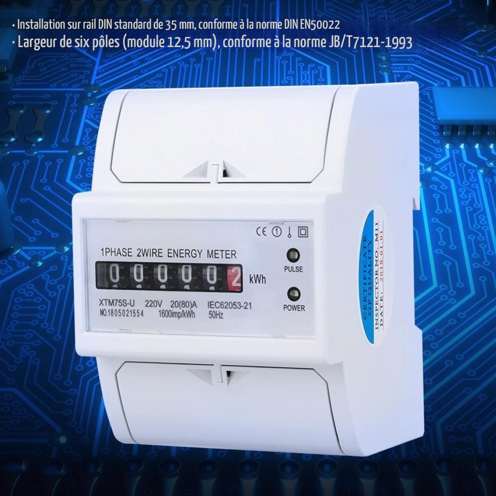 VIFER Compteur d'Énergie, Digital 1 Phase 2 Wire 4P Compteur d'Énergie Électrique Monophasé Compteur sur rail DIN Electric Meter Electronic KWh Meter 220V (20(80) A)