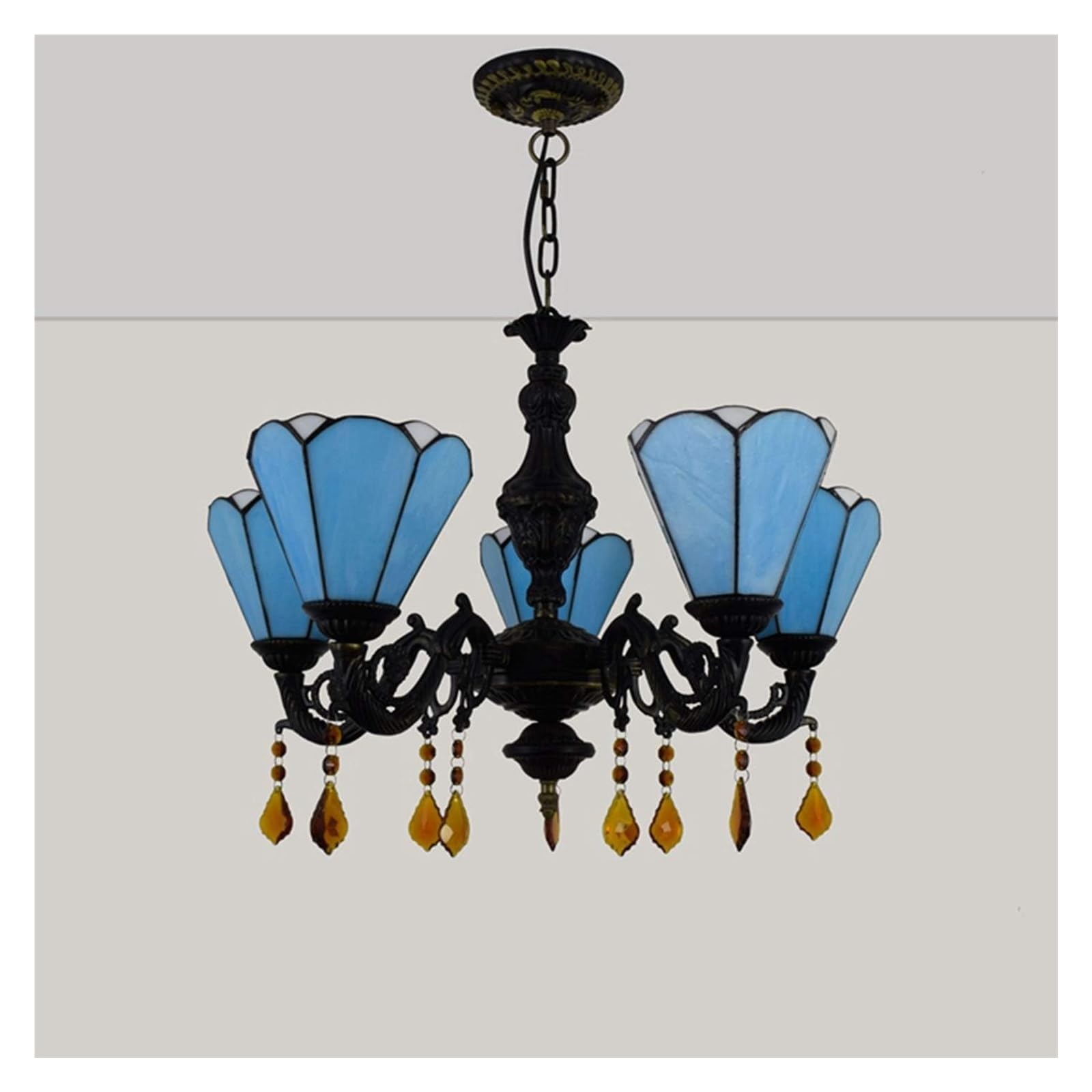 Lampa sufitowa, lampa wisząca, 24" Tiffany, 5-głowicowy żyrandol, lampa wisząca w stylu retro, śródziemnomorski niebieski, witraż